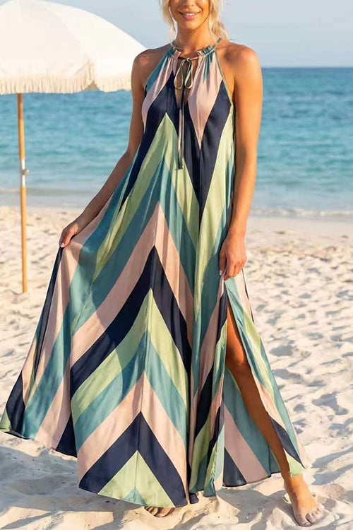 V Neck Sleeveless Color Block Slit Maxi Dress