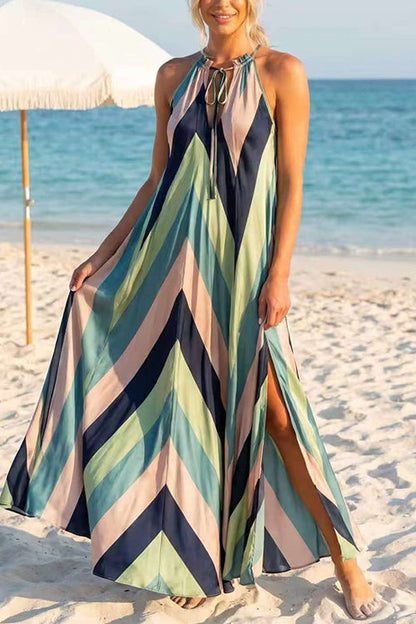 V Neck Sleeveless Color Block Slit Maxi Dress