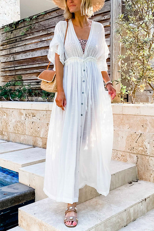 Deep V Neck Drawstring Waist Button Down Maxi Beach Cover Up Dress