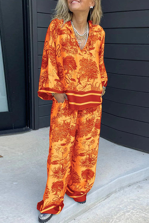 Lapel V Neck Long Sleeves Shirt Wide Leg Pants Printed Casual Set Orange