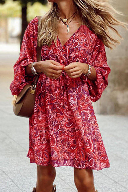 Wrap V Neck 3/4 Sleeves Tie Waist Floral Print Dress Red