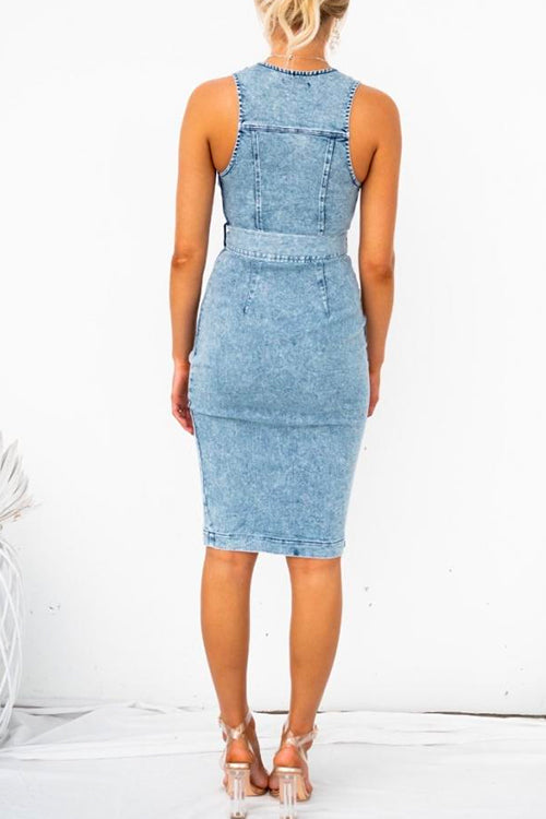 Sleeveless Wrap V Neck Knot Waist Slit Bodycon Denim Dress