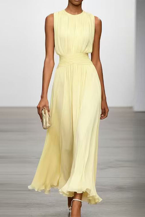 Crewneck Sleeveless Zipper Back Waisted Maxi Dress