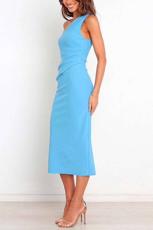 Rosiedress One Shoulder Ruched Side Split Midi Pencil Dress