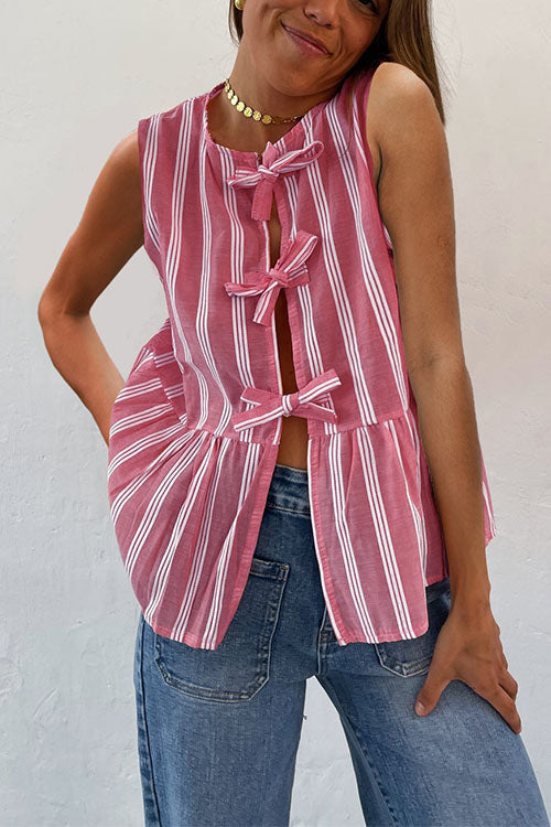 Crewneck Sleeveless Striped Ruffle Bow Top