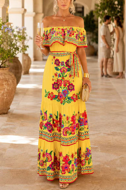 Off Shoulder Floral Print Ruffle Swing Maxi Dress