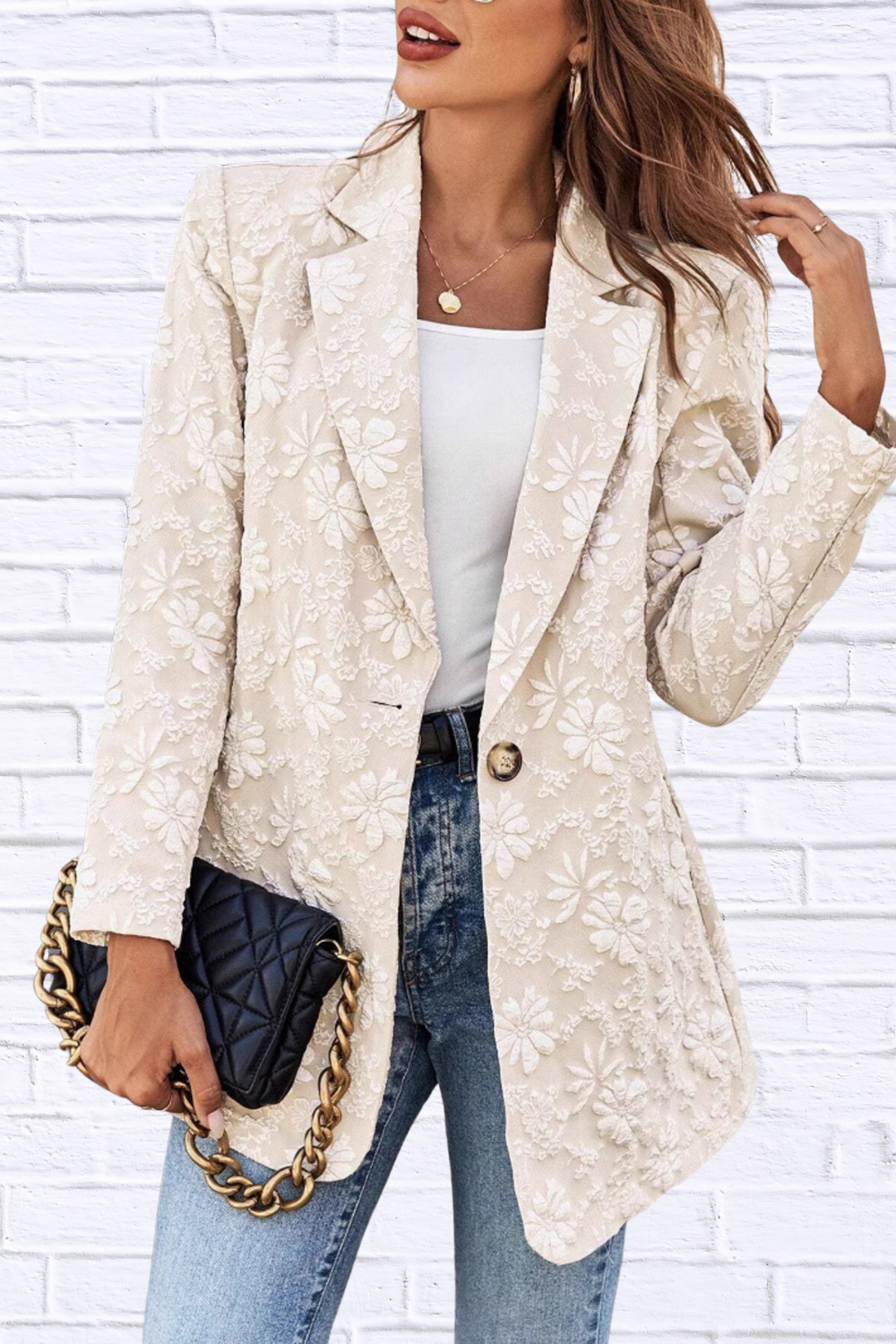 Floral Jacquard One Button Long Sleeve Blazer