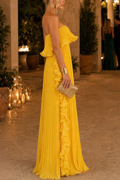 Strapless Tube Ruffle Hem Pleated Maxi Dress