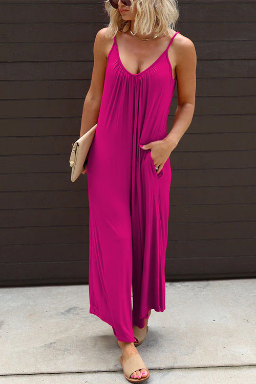 Solid Scoop Neck Wide Leg Baggy Cami Jumpsuit HotPink