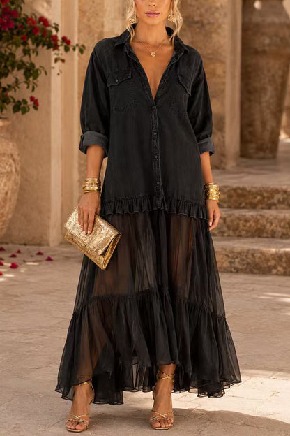 Lapel Long Sleeves Organza Splice Ruffle Denim Maxi Dress