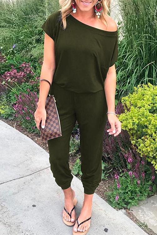 Rosiedress Solid Cold Shoulder Short Sleeves Elastic Waist Loungewear Jumpsuit ArmyGreen