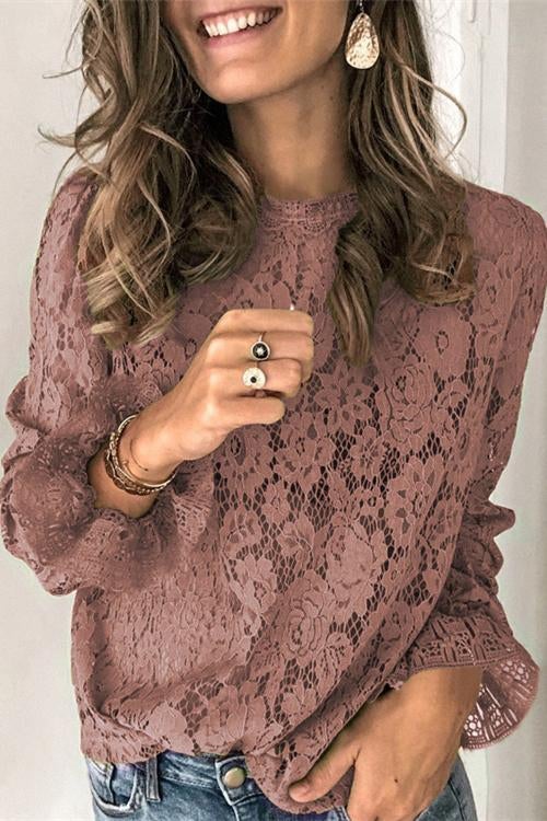 Rosiedress Lace Hollow Out Long Sleeves Tops DustyPink