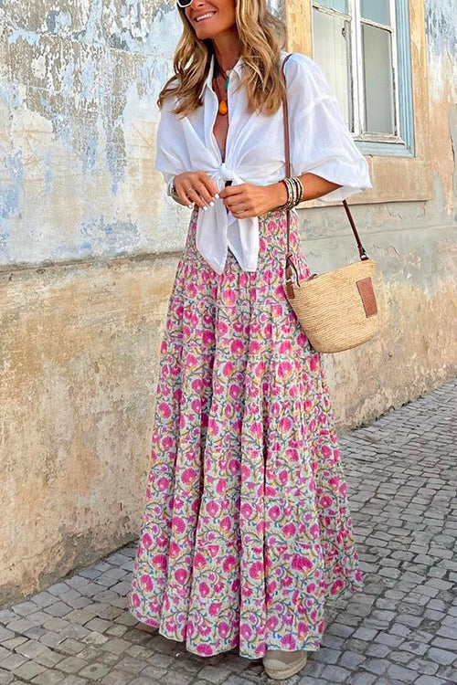 Rosiedress Frilled Elastic Waist Bohemia Floral Maxi Flowy Skirt