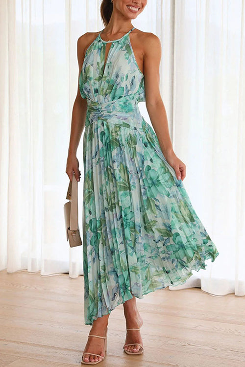 Rosiedress V Neck Waisted Cut Out Floral Pleated Maxi Dress