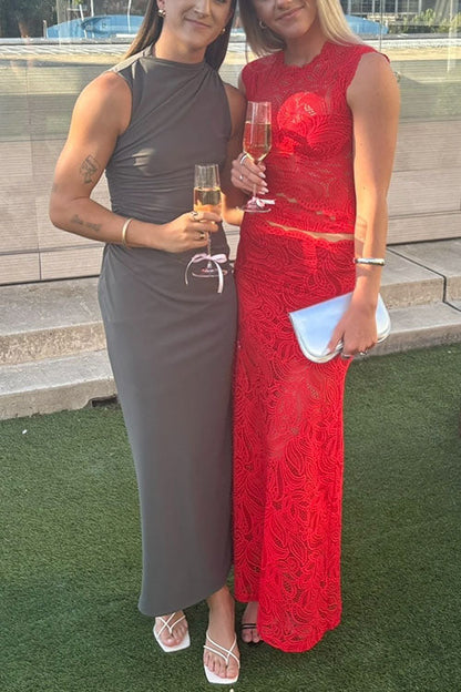 Sleeveless Cut Out Lace Top and Maxi Bodycon Skirt Set