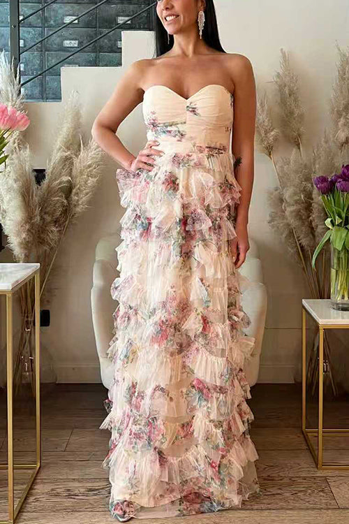 Strapless Floral Print Ruffle Layered Maxi Dress
