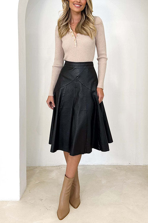 Rosiedress High Waist Faux Leather A-line Flare Midi Skirt