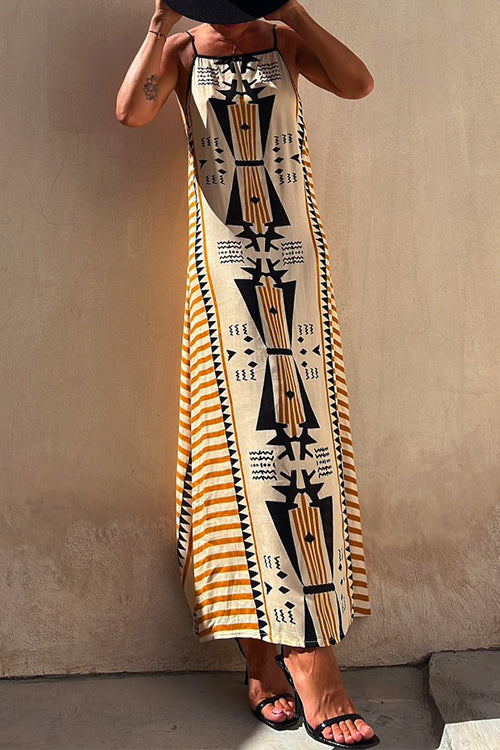 Rosiedress Stripes Splice Backless Ethnic Printed Maxi Cami Dress