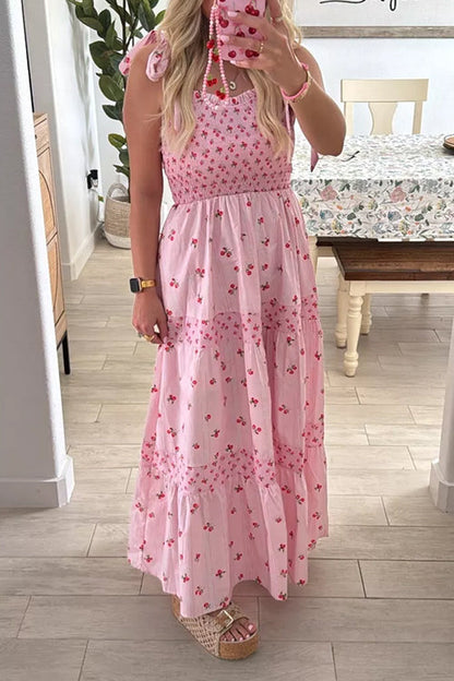 Tie Shoulder Splice Floral Print Ruffle Maxi Cami Dress