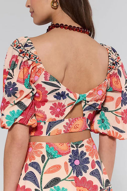 Puff Sleeves Back Cut Out Floral Print Crop Top