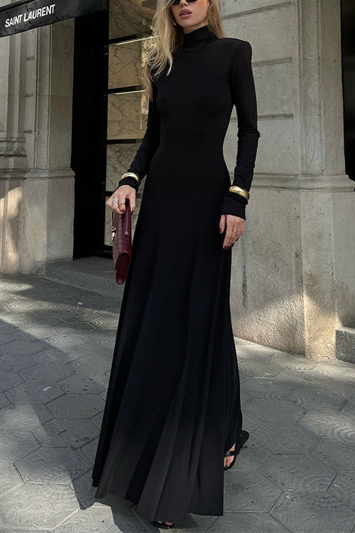 Robe longue trapèze à col montant et manches longues à dos ouvert