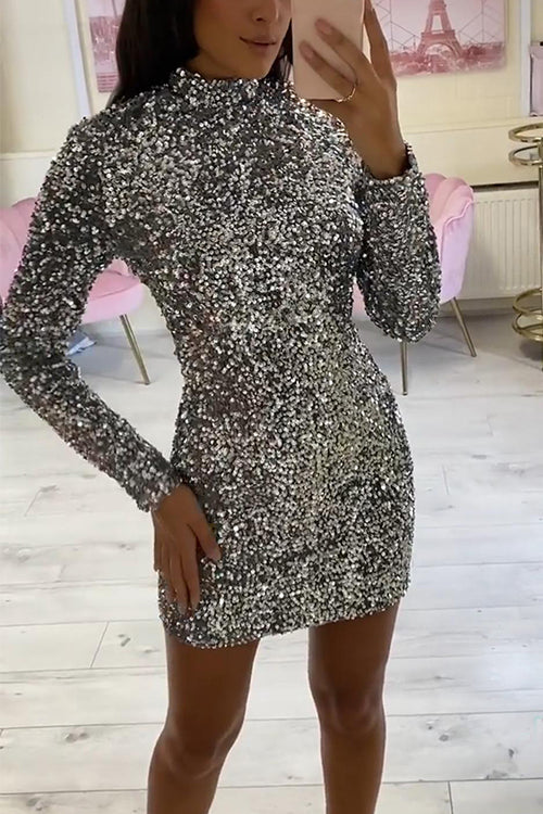 Mockneck Glam Sequin Bodycon Mini Party Dress Silver