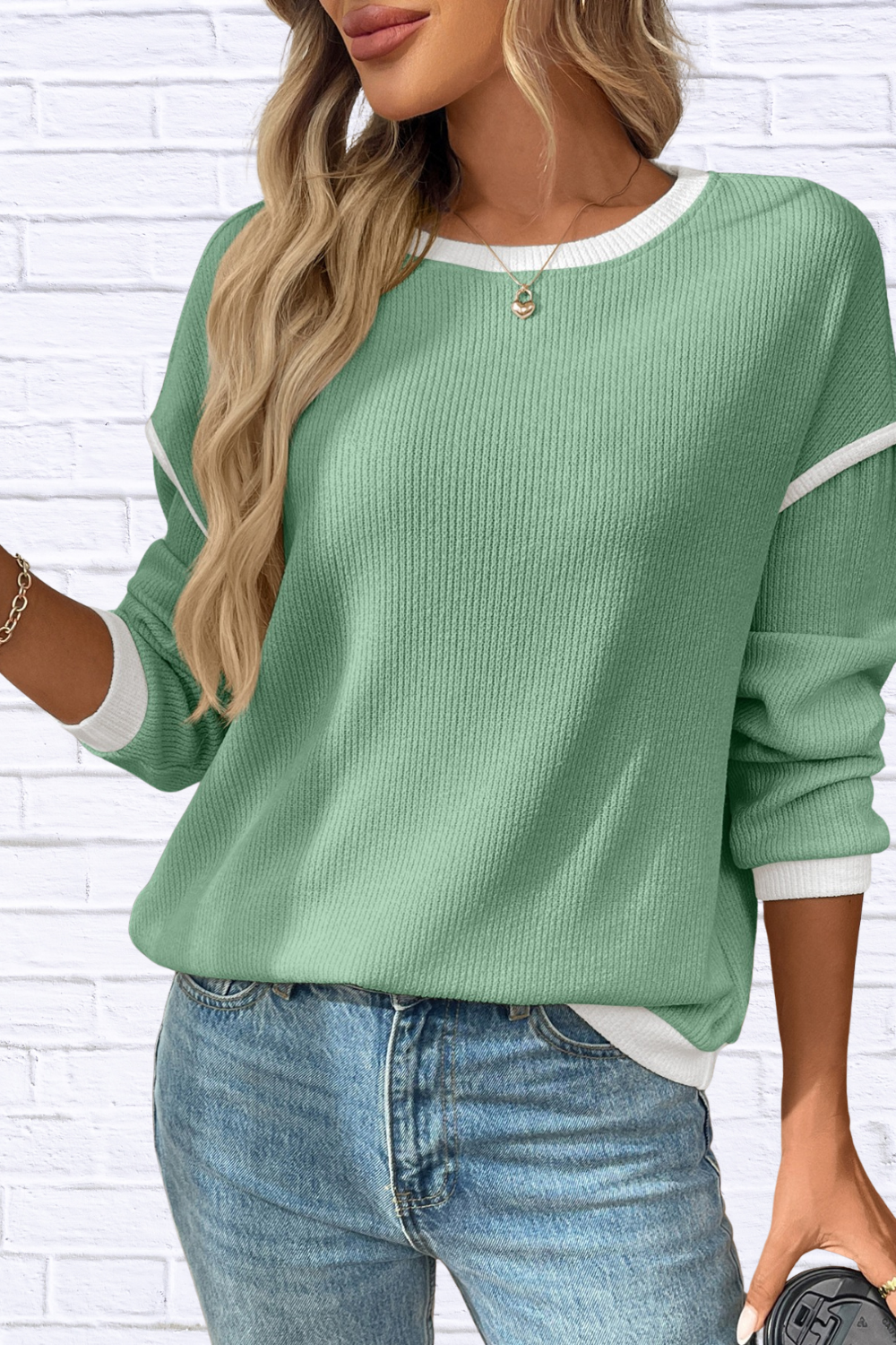 Ribbed Contrast Trim Long Sleeve Top