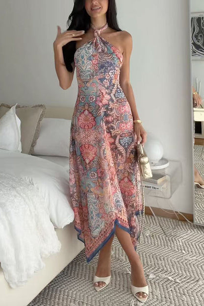 Halter Neck Open Back Floral Print Maxi Dress