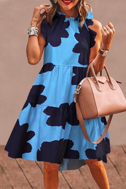 Rosiedress Sleeveless Printed Ruffle Midi Dress LightBlue