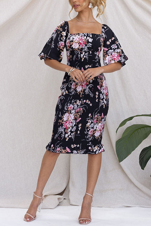 Square Neck Smocked Floral Print Midi Bodycon Dress Black