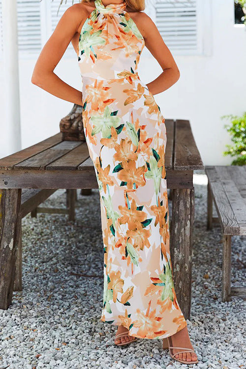 Rosiedress Tie Neck Backless Floral Printed Maxi Flowy Dress