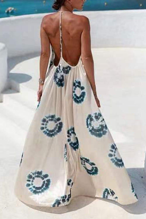 Rosiedress Halter V Neck Open Back Printed Swing Maxi Vacation Dress