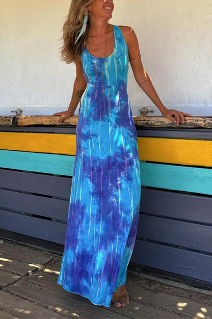 Scoop Neck Backless Criss Cross Tie Dye Maxi Dress