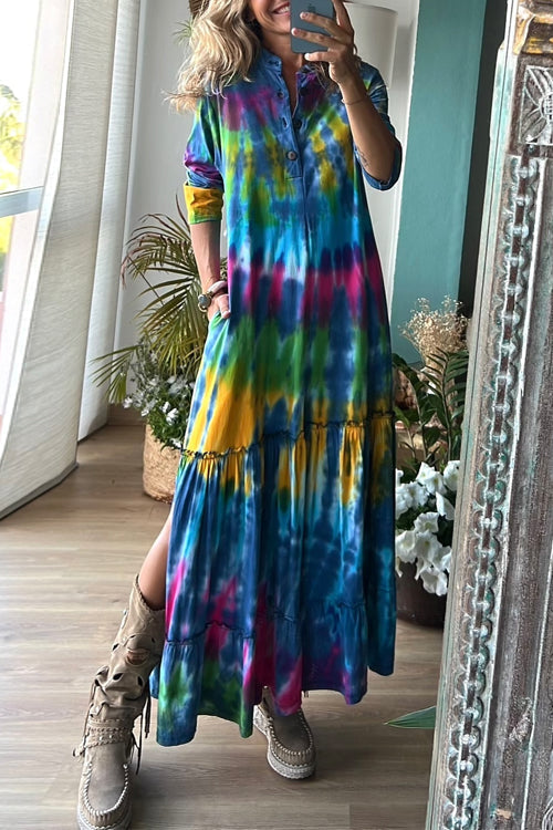 Long Sleeves Button Up Side Slit Tie Dye Ruffle Maxi Dress Blue