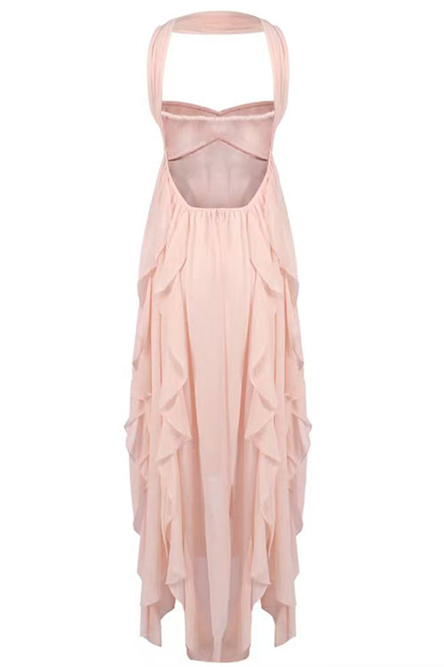Sleeveless Open Back Ruffle Trim Slit Maxi Dress