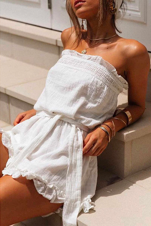 Rosiedress Off Shoulder Sleeveless Tie Waist Ruffle Romper