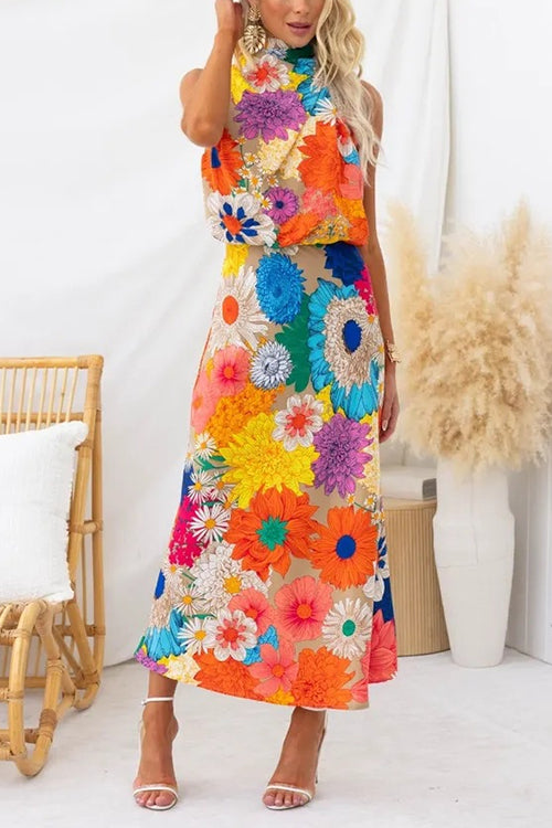 Rosiedress Sleeveless Tie Neck Waisted Floral Print Maxi Dress