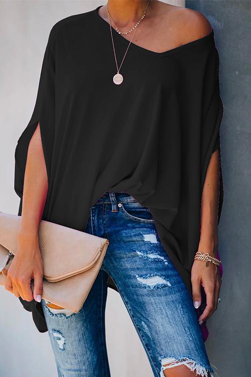 Rosiedress Loose V Neck Batwing Sleeve Solid T Shirt Black