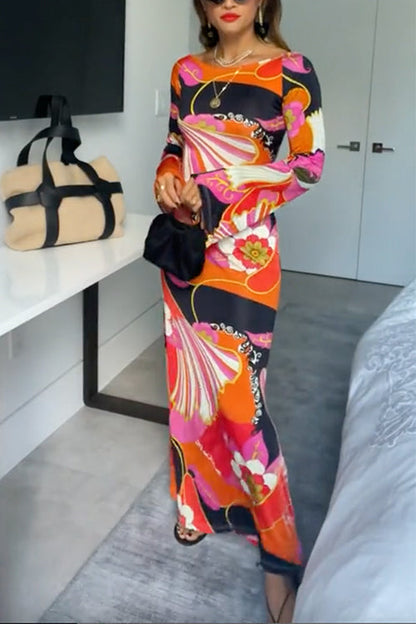 Bell Sleeves Backless Criss Cross Printed Maxi Dress Print