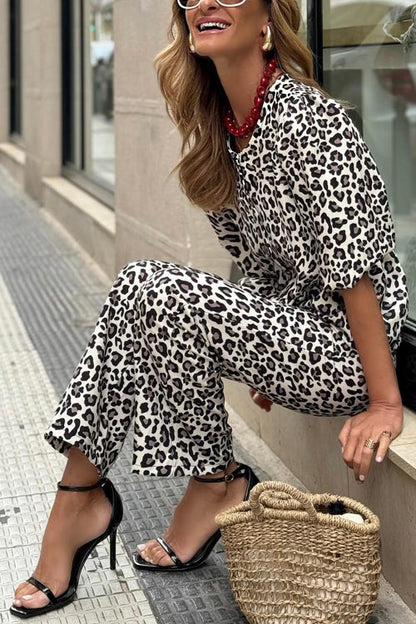 Rosiedress Half Sleeves Button Up Ruffle Shirt and Straight Leg Pants Leopard Set