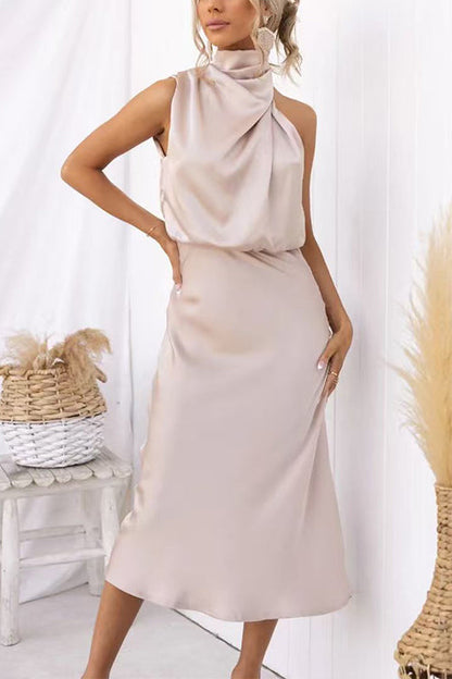 High Neck Zipper Back Waisted Satin Midi Dress