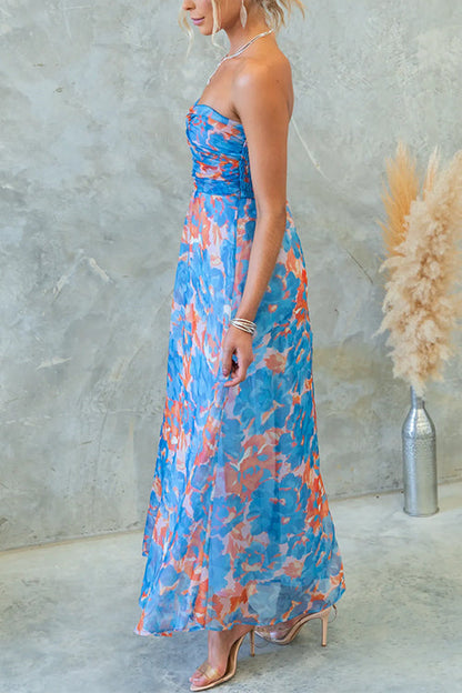 Strapless Twist Front High Waist Printed Flowy Maxi Dress