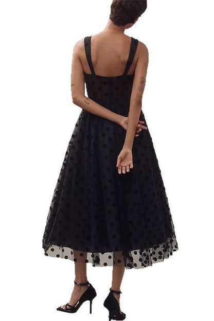 A-Linien-Midi-Camisole-Kleid aus gepunktetem Mesh mit V-Ausschnitt