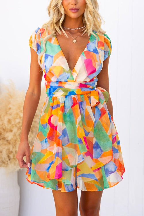 Wrap V Neck Tie Waist Printed Ruffle Mini Dress