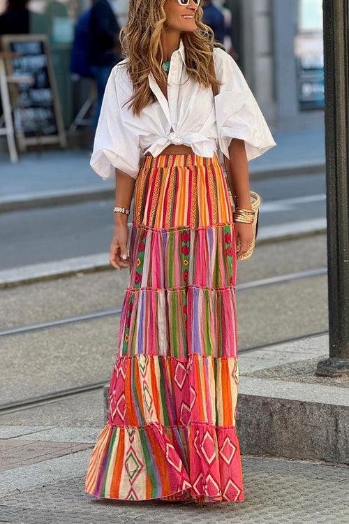 Rosiedress Elastic Waist Ruffle Tiered Color Block Printed Maxi Skirt Print