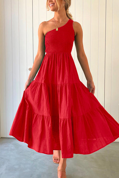 One Shoulder Sleeveless Smocked Ruffle Tiered Maxi Dress Red