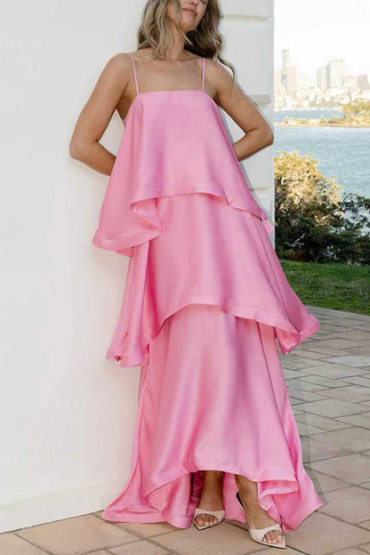 Spaghetti Strap Ruffle Layered Satin Maxi Dress