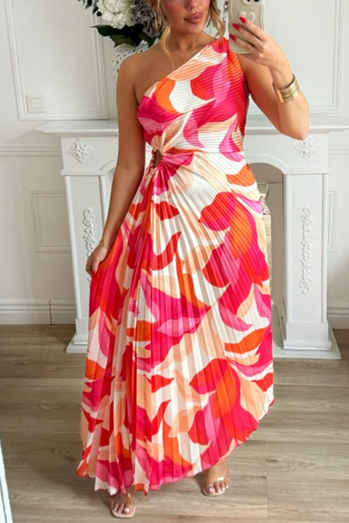 One Shoulder Cut Out Color Block Printed Maxi Pleated Dress Pink