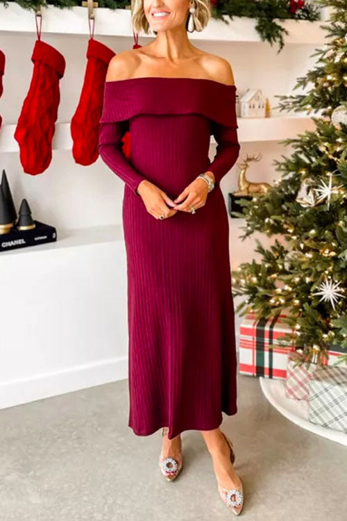 Off Shoulder Long Sleeves Maxi Sweater Party Dress Burgundy