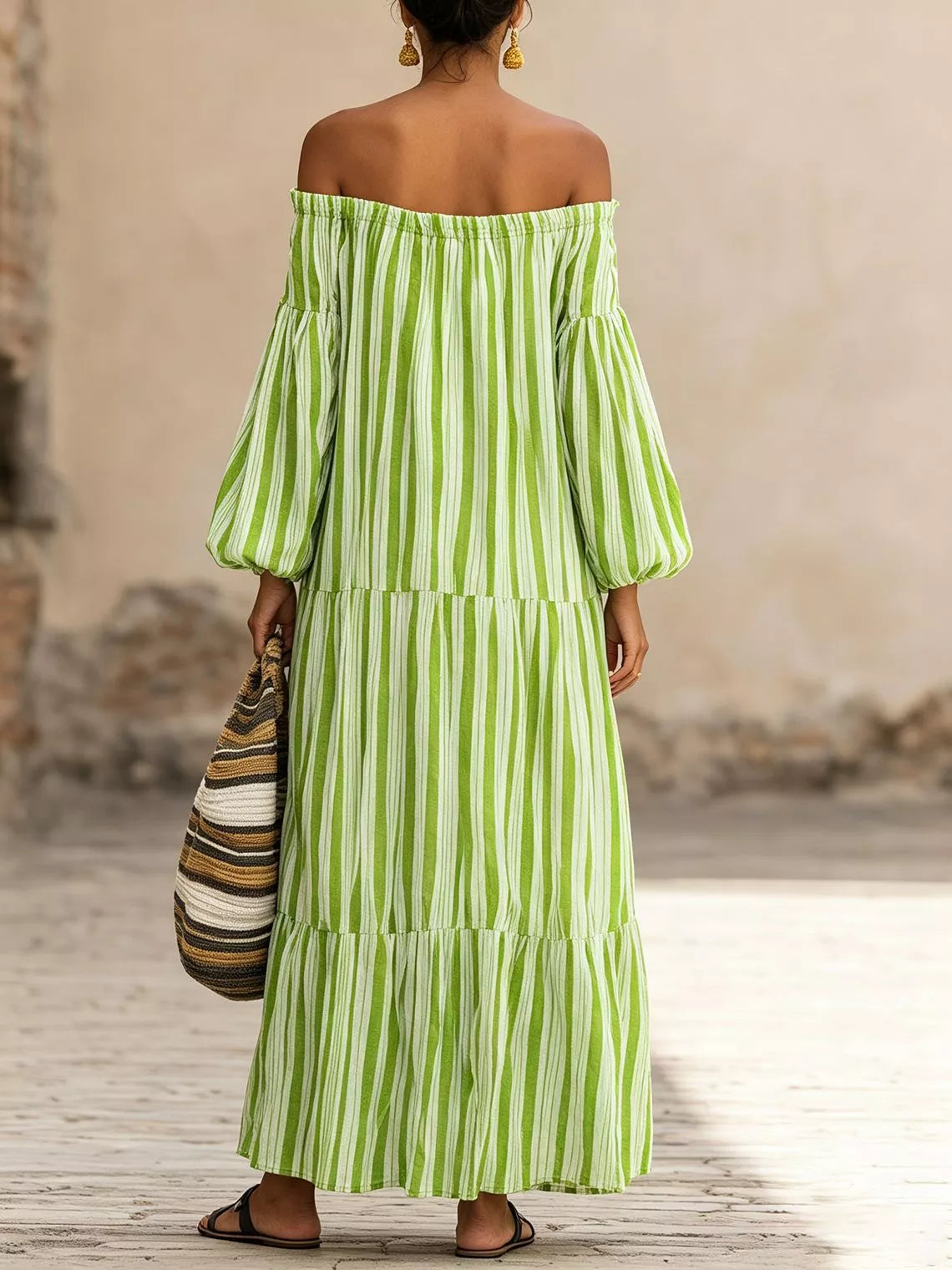 Off-Shoulder Striped Maxi Dress